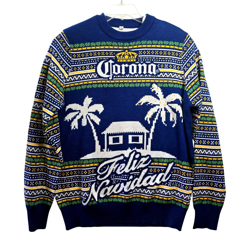 Corona Extra Feliz Navidad Mens XL Blue Ugly Christmas Sweater Palm Tree Beach